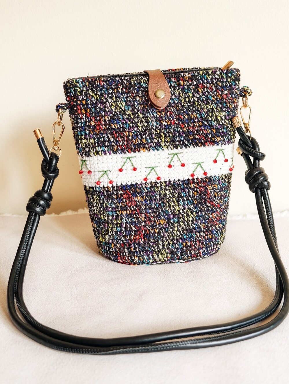 Multicolor Woven Crossbody Tote with Cherry Accent